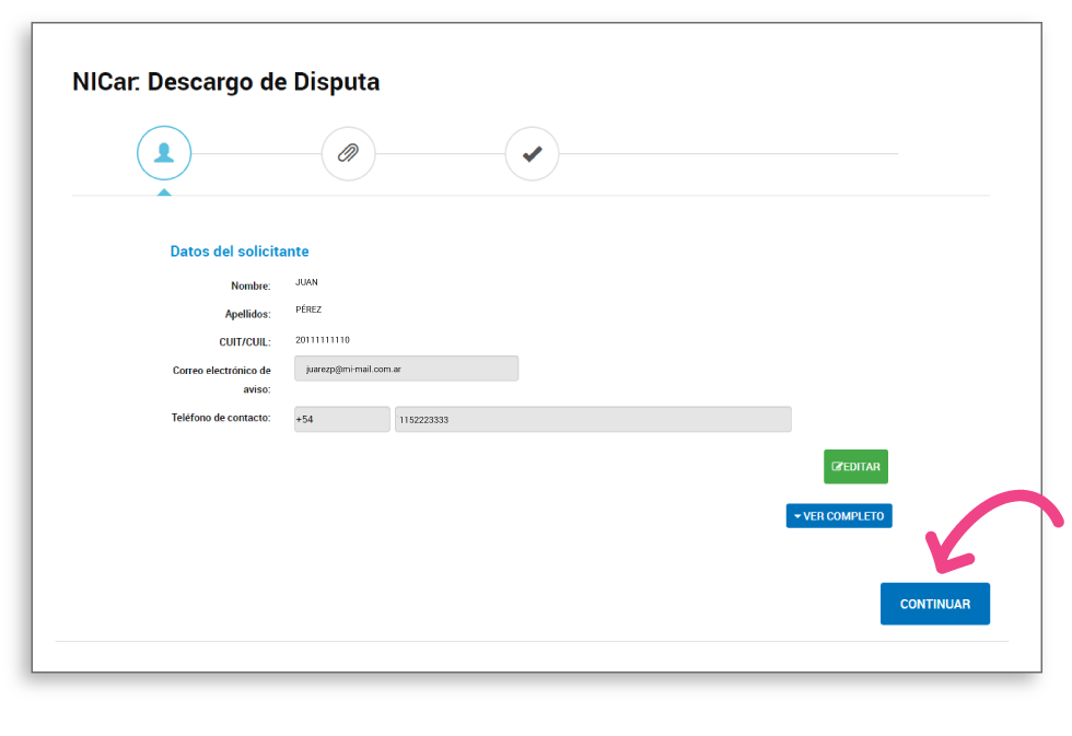 Página TAD, corroborando datos de usuario dónde se selecciona el botón Continuar